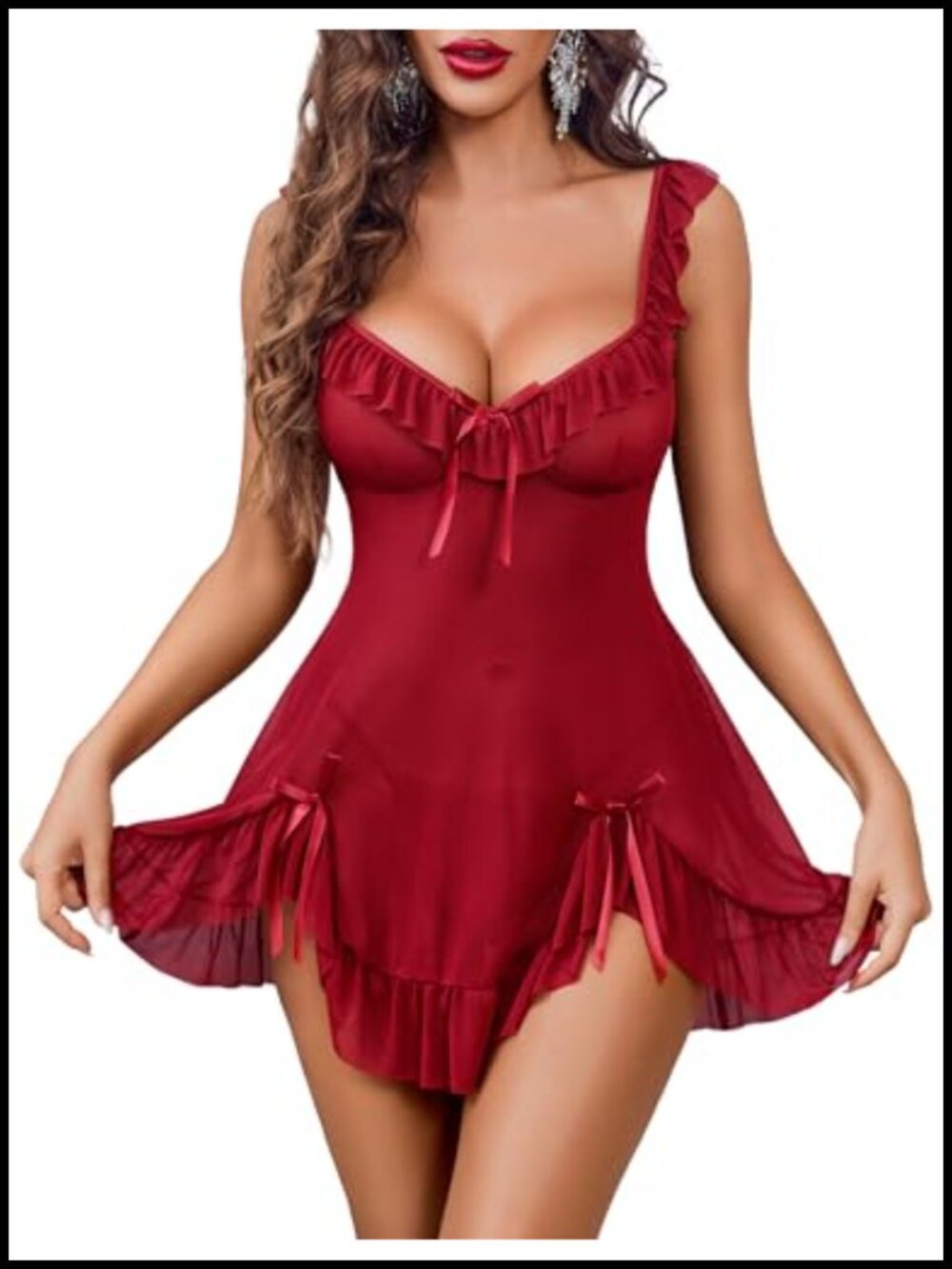 Avidlove Mesh Babydoll Lingerie Dress 2 Piece Ruffle Split Side Sheer